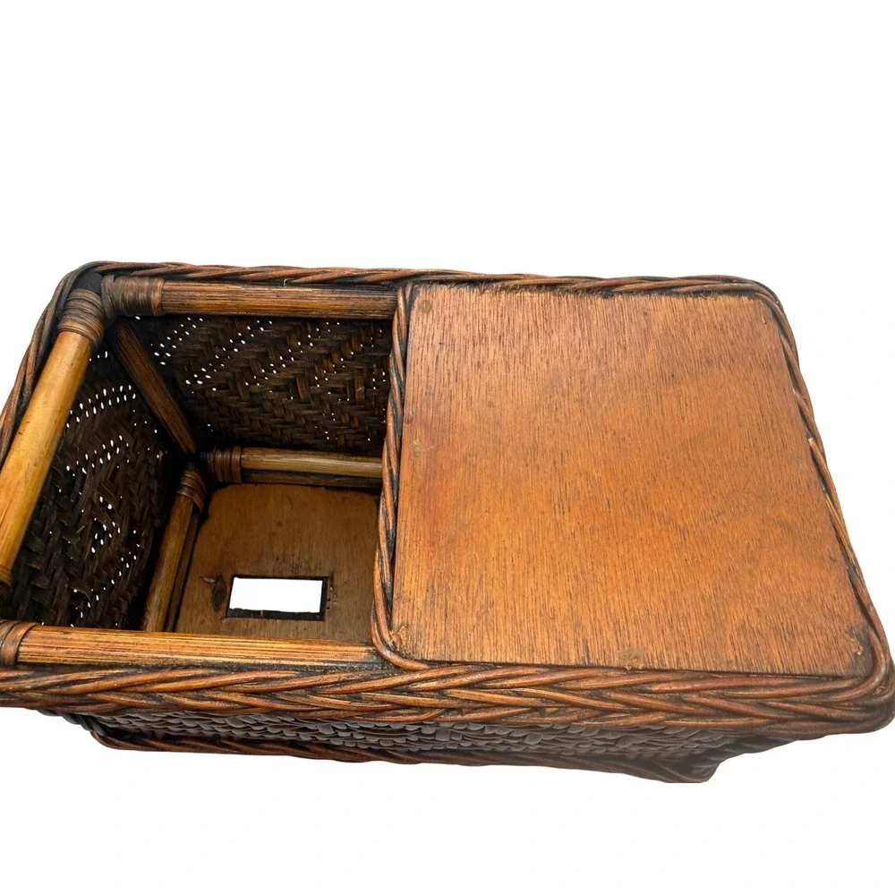 Vintage Woven Wicker Dual Compartment Tissue Box Cover and Storage Basket Brown